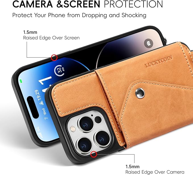 LUCKYCOIN Crossbody Wallet Phone Case for iPhone 14 Pro,100% Genuine Leather Wallet Phone Case with Expandable Flip Card Holder,Phone Purse for Women with Adjustable Removable Strap - Tan