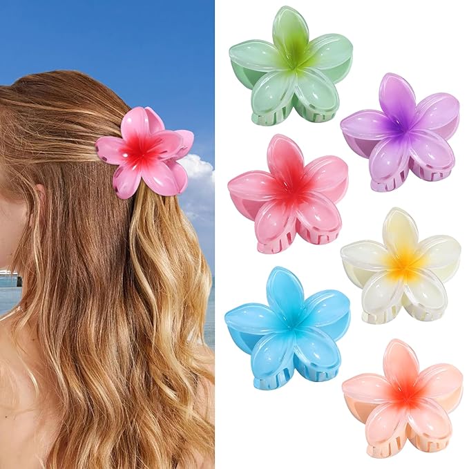 Flower Hair Clips 6 PCS Hawaiian Claw Clips for Vacation Hibiscus Hair Claw Clips Cute Large Hair Clips for Thick and Thin Hair Plumeria Hair Accessories for Women Girls - Hawai