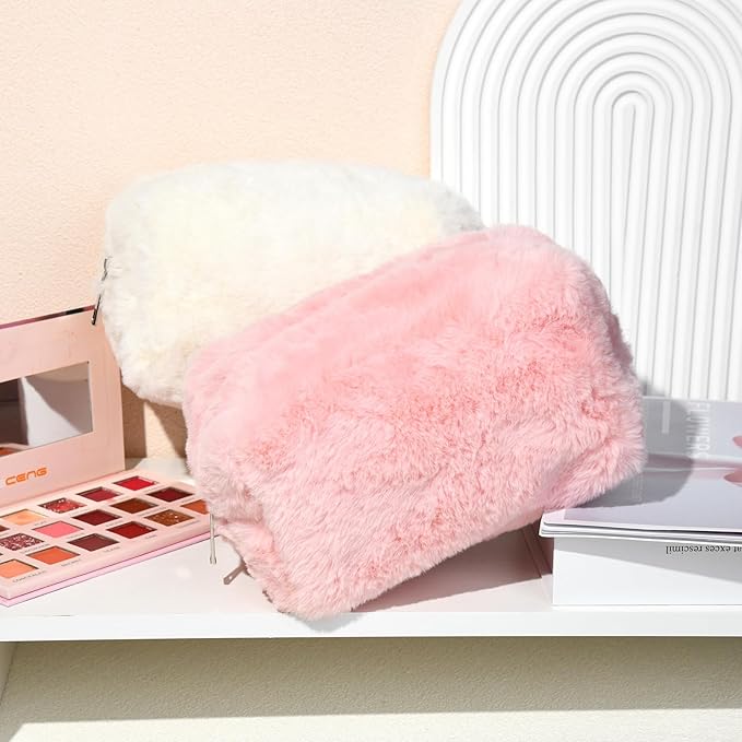 SOIDRAM 2 Pieces Makeup Bag Cute Cosmetic Bag Plush Pink White Makeup Pouch Coquette Travel Toiletry Bag Organizer Fluffy Makeup Brushes Puffy Storage Bag for Women