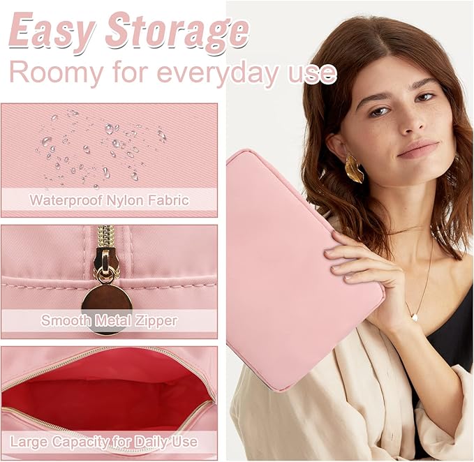Nylon Large Makeup Bag Travel Pouch for Women, Preppy Big Pink Makeup Bag Cute Cosmetic Zipper Pouch Purse, DIY Chenille Letter Bag Waterproof Toiletry Bag Clutch Makeup Organizer for Women Girl(Pink)