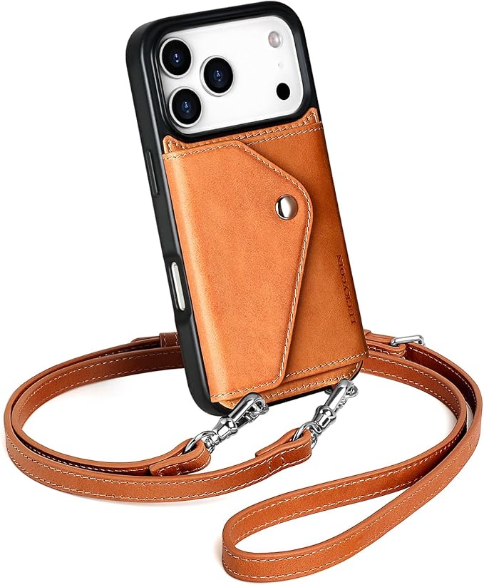 LUCKYCOIN Crossbody Wallet Phone Case for iPhone 17 Pro,100% Genuine Leather Wallet Phone Case with Expandable Flip Card Holder,Phone Purse for Women with Adjustable Removable Strap - Tan