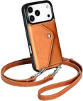 LUCKYCOIN Crossbody Wallet Phone Case for iPhone 17 Pro,100% Genuine Leather Wallet Phone Case with Expandable Flip Card Holder,Phone Purse for Women with Adjustable Removable Strap - Tan
