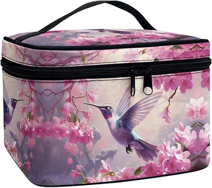JoyLamoria Cosmetic Bag Toiletry Bag Zipper Closure Makeup Bag Travel Case, Cherry Blossoms Bird