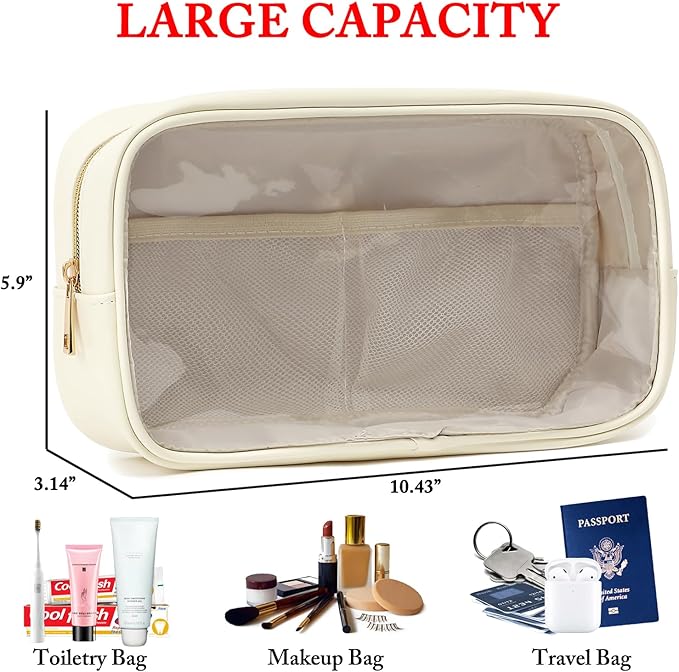 Clear Makeup Bag with 2 Customizable Chenille Letters - Waterproof PU Leather Cosmetic Case, Large Personalized Toiletry Pouch for Women & Teens, Ideal for Travel & Gift