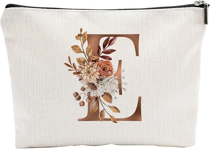 A-Z Boho Personalized Cosmetic Bag-Floral Cotton Letter Makeup Bag With Zipper-Artistic Cosmetic Bag For Travel-Bride,Birthday Gift For Women Daughter Friends-Women Makeup Organizer-A05