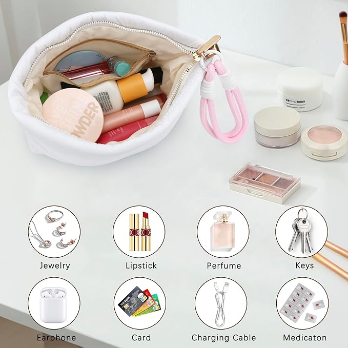 DOB SECHS Quilted Makeup Bag with Handle Detachable Cute Puffy Cotton Cosmetic Bags for Women, Small Puffer Toiletry Zipper Make Up Pouch, Quilt Clutch Bag Travel Organizer Storage Pouches Case, White