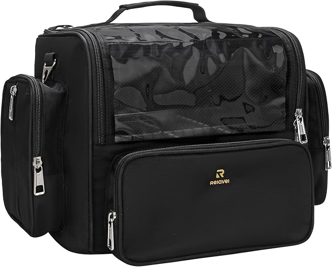 Makeup Brush Bag, Clear Makeup Brush Holder with Lid, Extra Large Capacity Travel Cosmetic Bag Makeup Artist Must Haves, Black Makeup Case, Make Up Organizers and Storage, with Adjustable Dividers