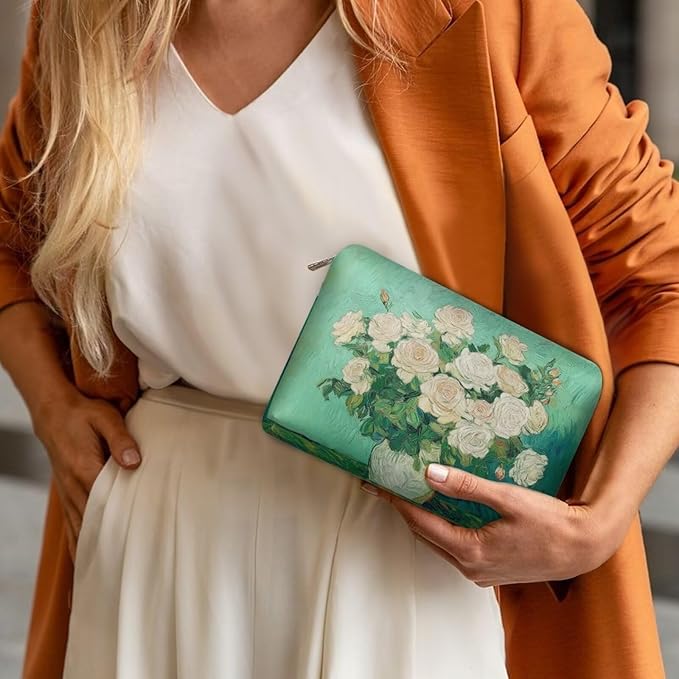 COEQINE Leather Cosmetic Purses for Women Evening Party Purse Green Rose In A Bottle Art Print Cosmetic Wallet Large Capacity for Ladies Cell Phone Purse 5x7 Inch Easy To Clean