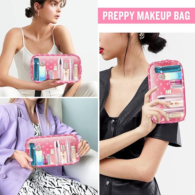 Small Clear Travel Makeup Organizer Bag for Purse, Preppy Makeup Bag Cute Cosmetic Zipper Pouch Purse, Transparent PVC & Nylon Waterproof Makeup Brush Bag Toiletry Storage for Women Girls(Pink Heart)