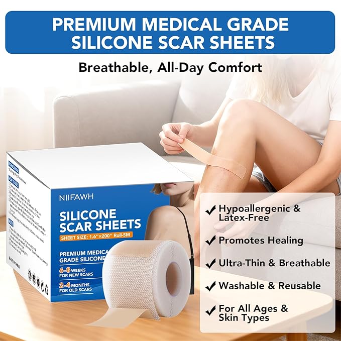 Silicone Scar Sheets, Silicone Scar Tape(1.6"x 200" Roll-5M) - Reusable, Soft & Medical Grade Adhesive Tape for Old & New Scars, C-Section, Surgery, Keloid & Acne Scars