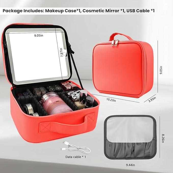 Travel Makeup Bag with LED Mirror and Light Travel Makeup Case Cosmetic Organizer Portable Cosmetic Brush Organizer Bag with Adjustable Dividers for Cosmetics Makeup Brushes Toiletry (Red)