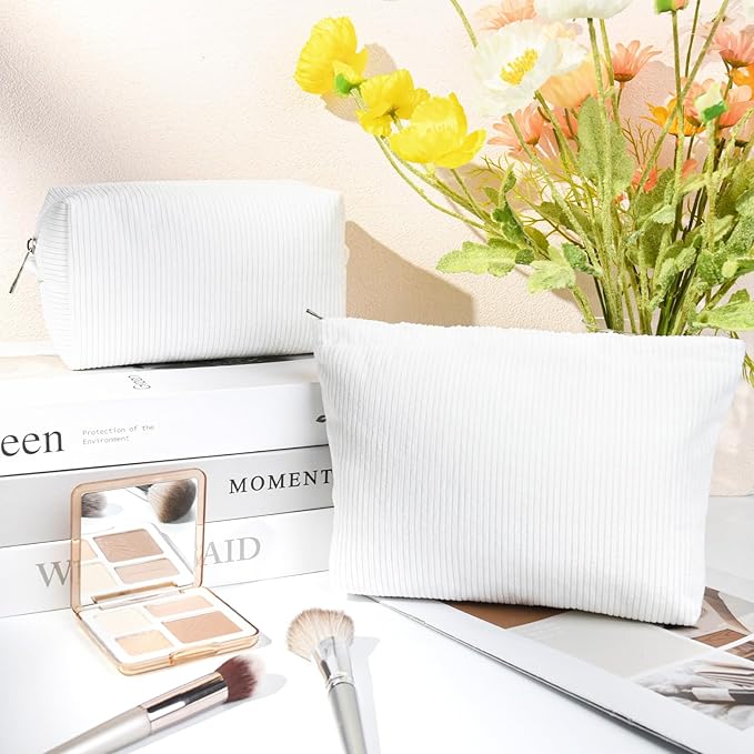 SOIDRAM 2 Pcs Corduroy Makeup Bag Large Cosmetic Bag Toiletry Bag Makeup Pouch Travel Bag Organizer Cute Makeup Brushes Aesthetic Accessories Storage Bag for Women White