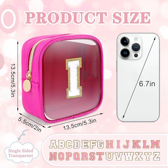 Mini Clear Personalized Initial Makeup Bag,Nylon Preppy A-Z Chenille Letter Patch Zipper Cosmetic Bag, Small Cute Beach Pouch Travel Purse Sanitary Napkin Storage Bag for Women Girls(Hot Pink-White I)
