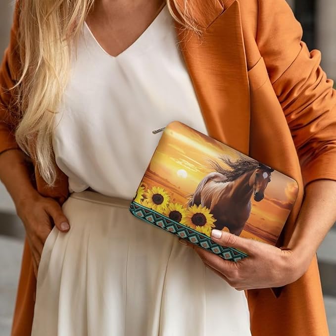 COEQINE Sunflower Western Cosmetic Purses for Women Weddings Western Cosmetic Pouch With Cute Horse And Sunset Print Mini Makeup Bag Travel Wedding Partry Purse With Zipper