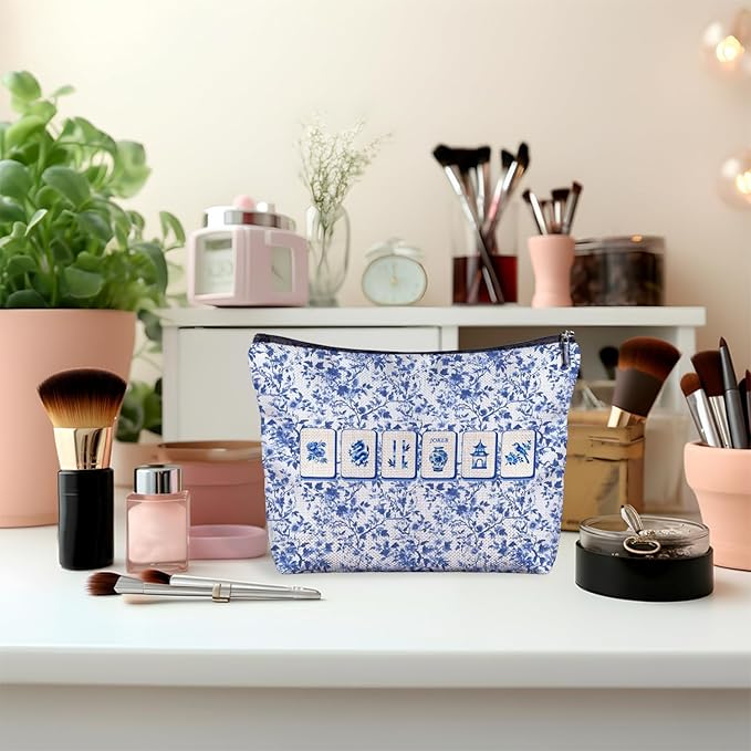 Blue and White Chinoiserie Mahjong Makeup Bag, Mahjong Gifts for Women Cosmetic Bags, Gifts for Mah Jong Players Lovers Makeup Zipper Pouch
