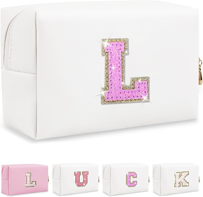 Initial Letter Patch Makeup Bag, Small Preppy A-Z Glitter Letter Cosmetic Bag, PU Leather Waterproof Travel Toiletry Bag, Cute Make Up Pouch Personalized Monogrammed Gift for Women Teen Girls