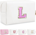 Initial Letter Patch Makeup Bag, Small Preppy A-Z Glitter Letter Cosmetic Bag, PU Leather Waterproof Travel Toiletry Bag, Cute Make Up Pouch Personalized Monogrammed Gift for Women Teen Girls