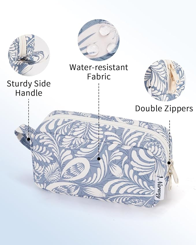 Narwey Small Cosmetic Bag, Small Makeup Bag for Purse, Travel Mini Makeup Pouch, Zipper Pouch, Cute Makeup Bag with Organized Pockets for Women (Blue Leaf, Small)