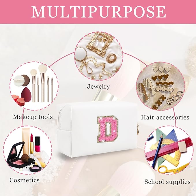 Personalized Initial Letter Makeup Bag, Preppy Glitter Letter Patch Cosmetic Pouch Zipper,PU Waterproof Travel Toiletry Bag Cute Makeup Organizer Monogrammed Make Up Bag,Gift for Women Girls(Letter D)