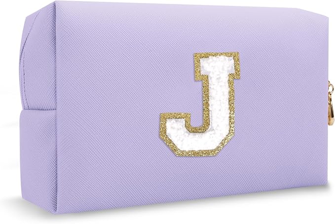 Personalized Preppy Small Travel Makeup Bag, Initial Purple Cute Chenille Letter Makeup Bag Cosmetic Zipper Pouch Toiletry Organizer,Waterproof PU Makeup Case Storage Preppy Stuff for Female(Letter J)