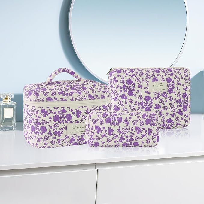 3Pcs Cotton Quilted Makeup Bag for Women Girls Large Small Travel Portable Cosmetic Bag Set Cute Purple Floral Zipper Make Up Pouch Coquette Aesthetic Storage Toiletry Organizer Case