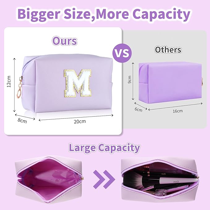 MSQ Personalized Makeup Bag Initial A-Z Patch Bag, PU Leather Cosmetic Bag Pouch Travel Toiletry Bag with Zipper, Gift Ideal for Teen Girls Friend Mom Women Birthday (Purple M)