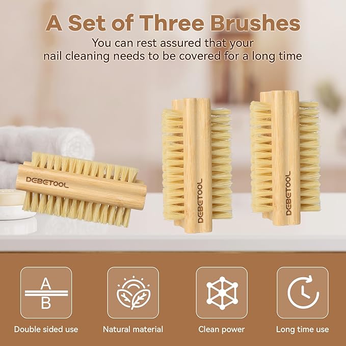 Bamboo Nail Brush- 3PCS Wooden Firm Nail Brush for Cleaning Fingernails,Two-Side Nail Scrubber Brush for Cleaning Under Nails