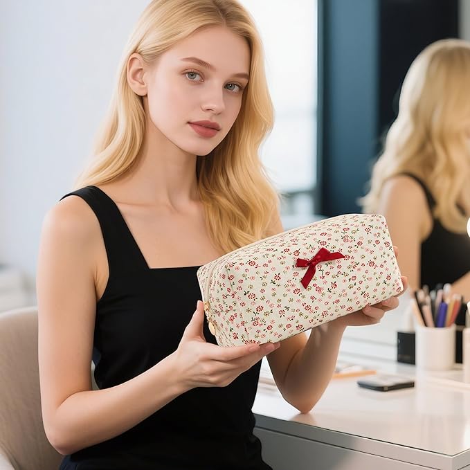 Makeup Bag Travel Toiletry Bag for Women, Small Cosmetic Bags Cute Quilted Cotton Makeup Pouch for Purse Emergency Bag for School Floral Pencil Case Accessory Bag, Tie Bow