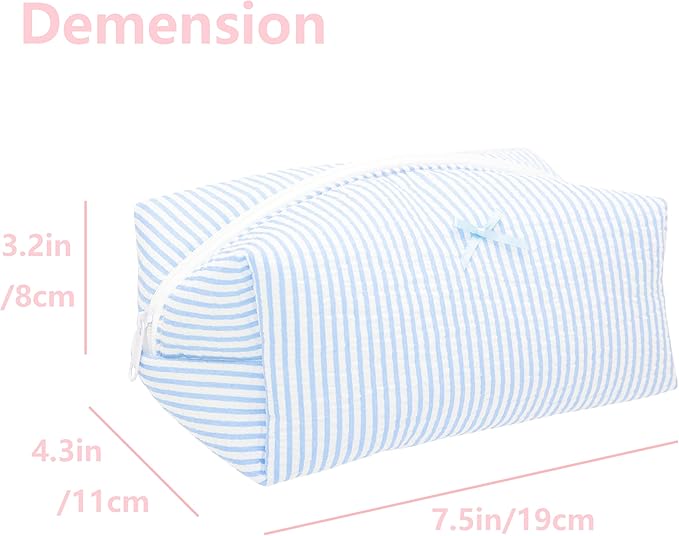 PAZIMIIK 2PCS Cozy Makeup Bag Travel Cosmetic Bag for Women Soft Toiletry Bag Aesthetic Makeup Organizer Portable Large Zipper Pouch for Skincare Beauty Accessories Brushes Stripe Blue