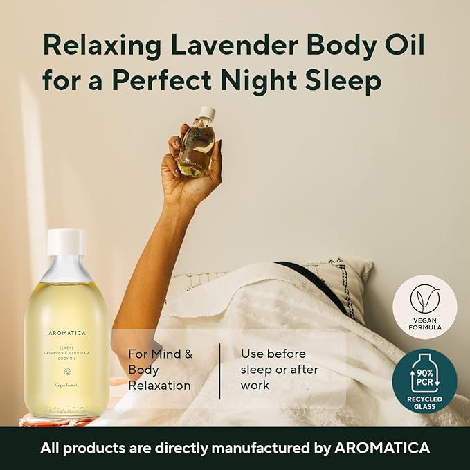 AROMATICA Serene Body Oil Lavender & Marjoram Essential Oil, Aromatherapy Oil, Scented Body Oil, After Shower Natural Oil for Women, Non-Greasy Body Serum, Body Moisturizer for Dry Skin (3.38 fl. oz)