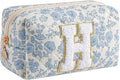 Gleyemor Personalized Initial Makeup Bag for Women, Cute Quilted Blue Floral Cotton Cosmetic Bag, Christmas Gifts for Her Mom Friend Sister Bridesmaid Teacher Women H