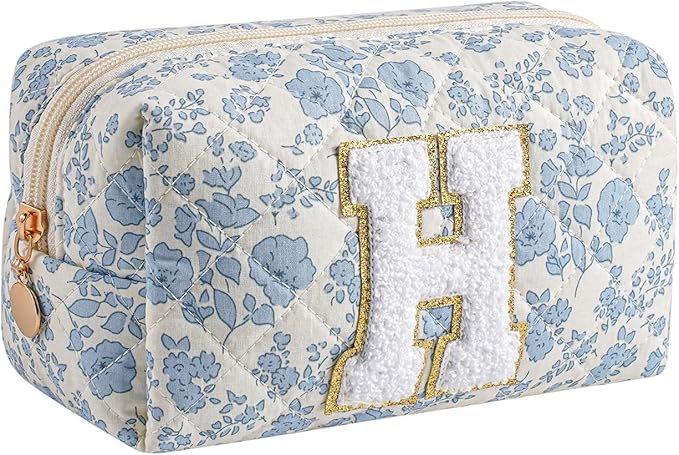 Gleyemor Personalized Initial Makeup Bag for Women, Cute Quilted Blue Floral Cotton Cosmetic Bag, Christmas Gifts for Her Mom Friend Sister Bridesmaid Teacher Women H