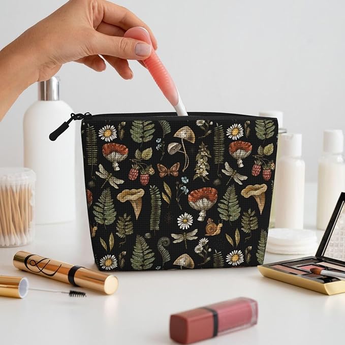 MOLAIGIN Wicthcrafts Red Mushroom Leaf Dragonfly Cosmetic Bag For Women, Travel Makeup Bag, Toiletry Zipper Bag, Large Capacity Aesthetic Cases