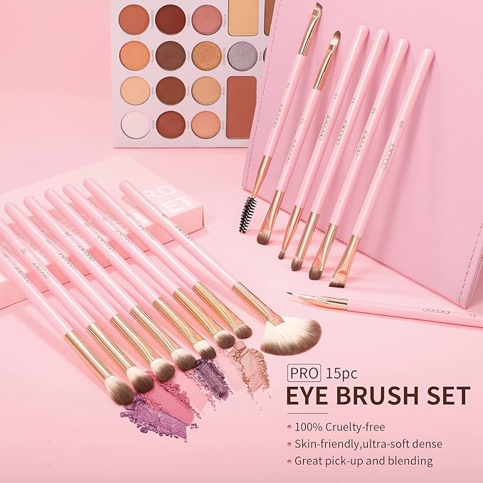 Docolor Eye Makeup Brushes 15Pcs Eyeshadow Brush Set with Soft Synthetic Hairs Professional Eye Shadow Blending Concealer Eyebrow Eyelash Eye Liners Premium Eye Make Up Brushes Set (Pink)