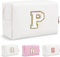 Personalized Initial Preppy Makeup Bag Organizer, White Small Travel Cosmetic Bag Monogram Toiletry Zipper Pouch, Portable Waterproof PU Makeup Case for Women Brides Female Proposal Gift(Letter P)