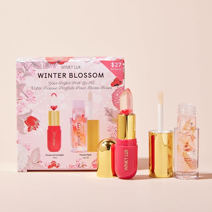 Winky Lux Winter Blossom Pink Lip Kit – Ultra Nourishing Pink Flower PH Lip Balm, Non-Sticky Hydrating Flower Petal Clear Lip Oil, Lipcare Value Set