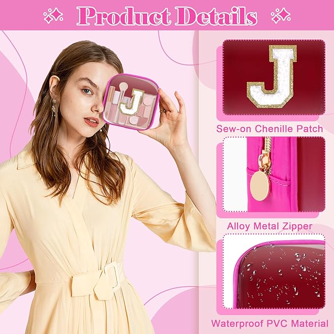 Personalized Initial Letter Clear Preppy Makeup Bag,Mini Nylon Chenille Letter Cosmetic Bag Cute Zipper Pouch Coin Purse for Teen Girls,Portable TSA Approved Travel Essentials Bag Gift for Women,J