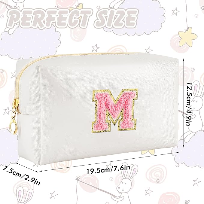 Initial Makeup Bag Personalized Preppy Travel Small Cosmetic Bag Cute PU White Chenille Letter Makeup Pouch for Purse Waterproof Zippered Toiletry Organizer for Women Girl Kid Friends (M)