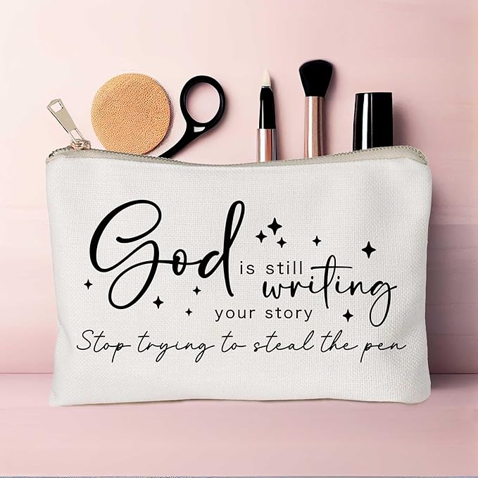 God is Still Writing Your Story Travel Bag Funny Christian Women of the Bible Makeup Bag Bible Quote Christian Quotes Scripture Makeup Pouch Linen Cotton Bag