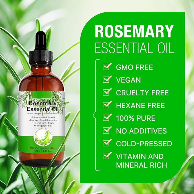 Rosemary Oil for Hair Growth, 4Fl Oz Pure Rosemary Essential Oils Repair Dry Damaged Hair, Nourishing Scalp, for Skin Care and Aromatherapy