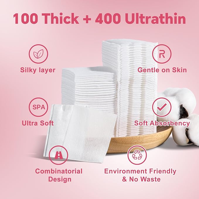 Square Makeup Cotton Pads, 100 Thick and 400 Ultra-Thin, Soft, Lint-Free Pads for Makeup Removal, Toner Application and Daily Skincare
