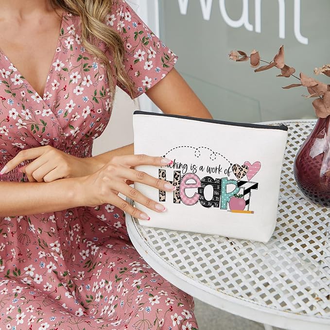fkovcdy Teacher Makeup Bag & Gifts - Daycare & Funny Birthday/Christmas Gift Toiletry Bag Zipper Pouch - Teaching is a Work of Heart