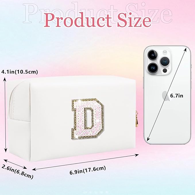 Small Personalized Glitter Initial Letter Makeup Bag, Cute PU Leather Chenille Letters Cosmetic Bag Travel Makeup Pouch, Preppy Travel Organizer Zipper Pouch for Women&Girls（White-D）