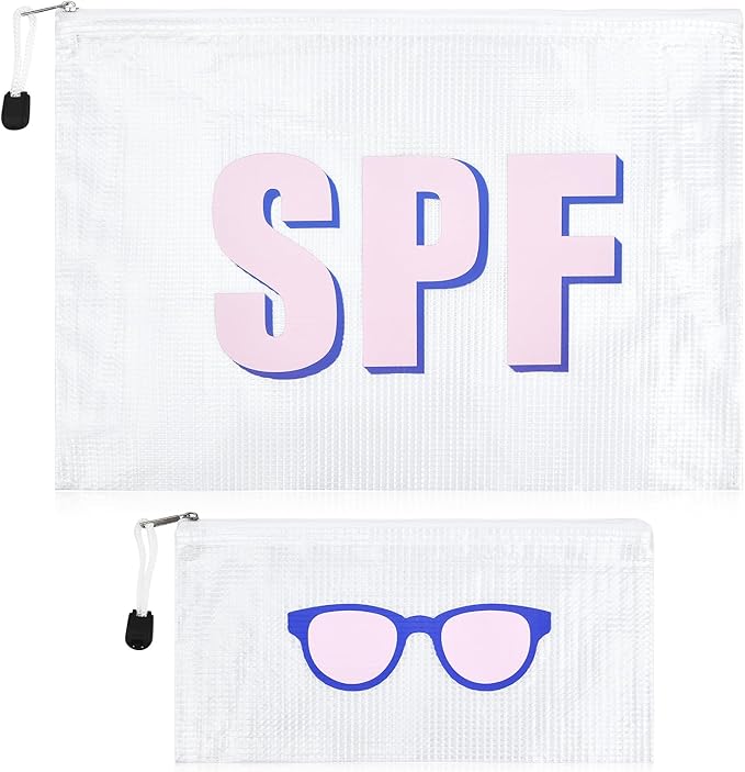 SOIDRAM 2PCS SPF Makeup Bag Clear Zippered SPF Bag Cosmetic Pouch Waterproof Travel Toiletry Organizer for Women Varsity Letter Patch Beach Pool Essentials