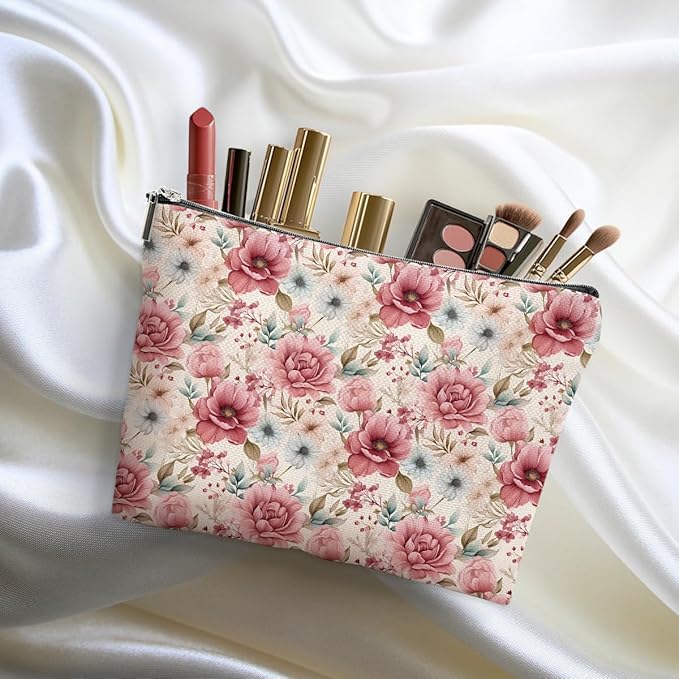 4 Packs Watercolor Pink Yellow Flowers Makeup Bag Floral Cosmetic Bag Friend Friendship Gifts for Women Girls Bestie Botanical Travel Organizer Zipper Pouch Christmas Thanksgiving Birthday Gifts