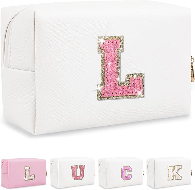 Initial Letter Patch Makeup Bag, Small Preppy A-Z Glitter Letter Cosmetic Bag, PU Leather Waterproof Travel Toiletry Bag, Cute Make Up Pouch Personalized Monogrammed Gift for Women Teen Girls