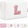 Initial Letter Patch Makeup Bag, Small Preppy A-Z Glitter Letter Cosmetic Bag, PU Leather Waterproof Travel Toiletry Bag, Cute Make Up Pouch Personalized Monogrammed Gift for Women Teen Girls