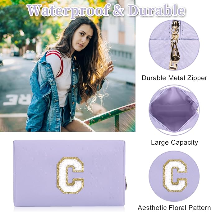 Personalized Initial Letter Patch Makeup Bag, Preppy Small Chenille Cosmetic Bag with Zipper, PU Leather Waterproof Travel Toiletry Bag Monogram Make Up Pouch for Women Girls