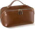 Abiudeng Travel Makeup Bag Large Capacity Toiletry Bag for Travel Essentials Open Flat Makeup bag Organizer with Divider and Handle-Brown