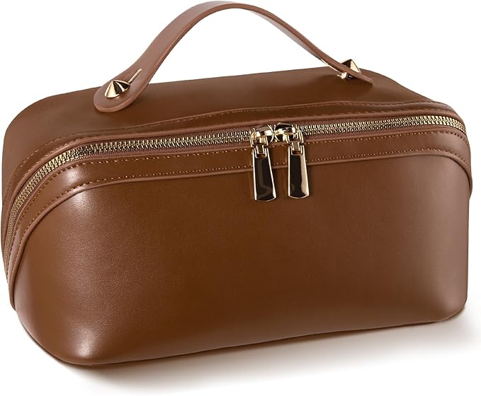 Abiudeng Travel Makeup Bag Large Capacity Toiletry Bag for Travel Essentials Open Flat Makeup bag Organizer with Divider and Handle-Brown
